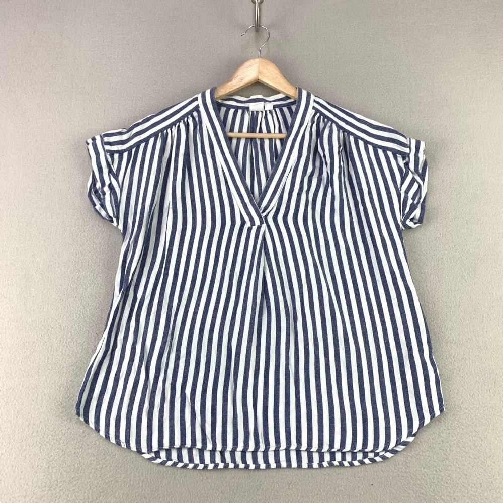 Gap Roll Cuff V-Neck Top Womens S Blue White Stripe Casual Rayon Blouse